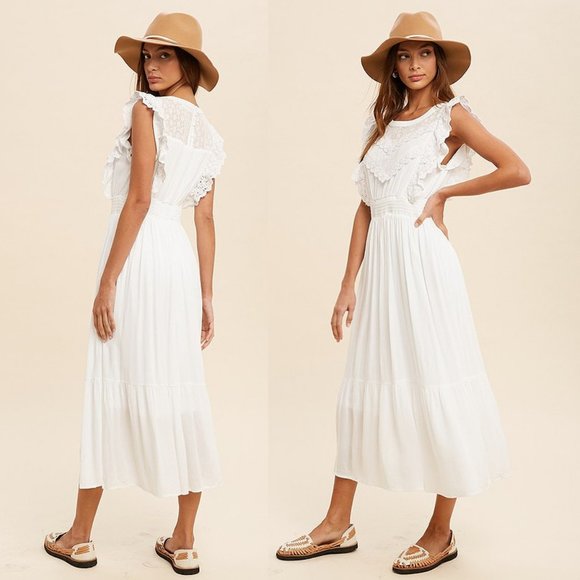 NEW Off White Romantic Lace Inset Ruffle Trim Yoke Smock Waist Midi Maxi Dress - Picture 3 of 10